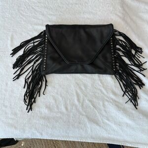 Tylie Malibu Black Leather Studded Fringe Lined Clutch Purse Magnet Close Pocket